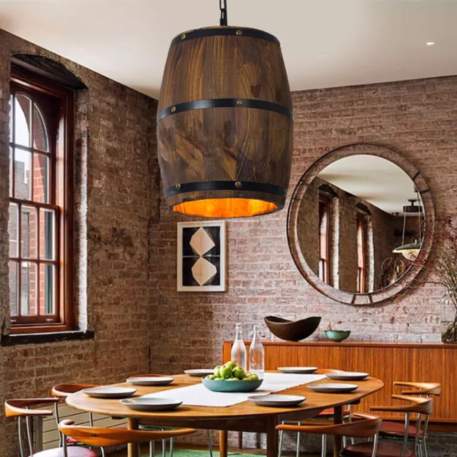 Wine Barrel Hanging Light Loft Wood Ceiling Pendant Lamp Bar Lighting FixtureNEW
