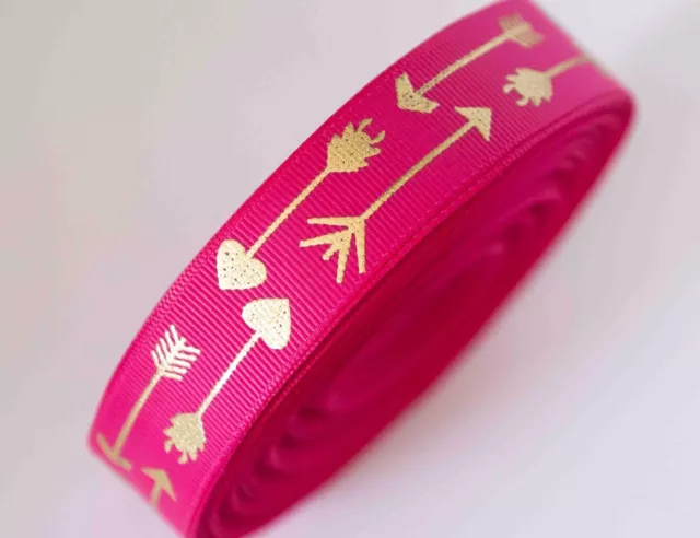 1M X 22mm Grosgrain Ribbon Craft DIY Decorations Hair Bows Gold Arrow - Hot Pink
