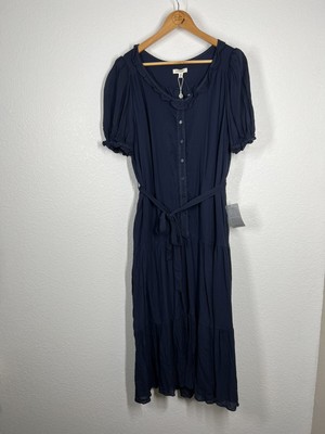 Max Studio Puff Sleeve Tiered Midi Dress Size XL Navy Ruffled
