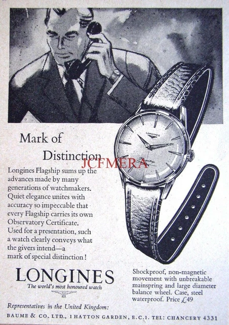 LONGINES Flagship Wrist Watch ADVERT : Original Small 1958 Print AD