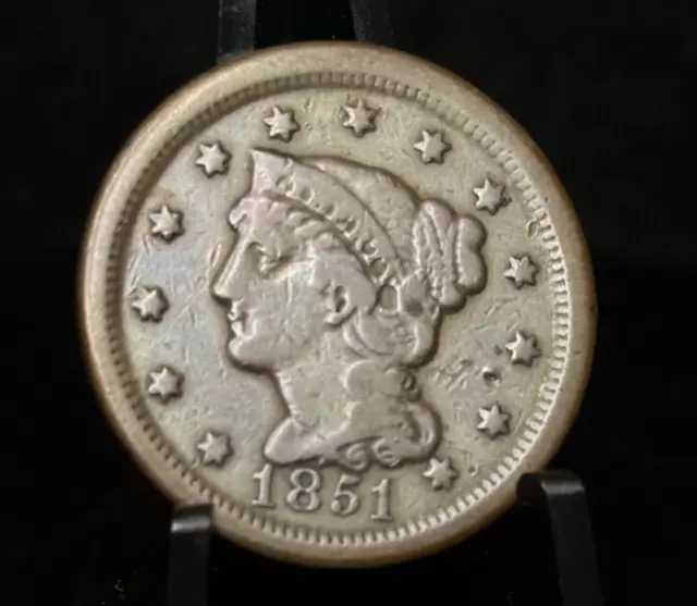 1851 - Braided Hair - Large One Cent 1C Coin