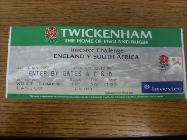 24/11/2001 Ticket: Rugby Union - England v South Africa [At Twickenham] (folded)