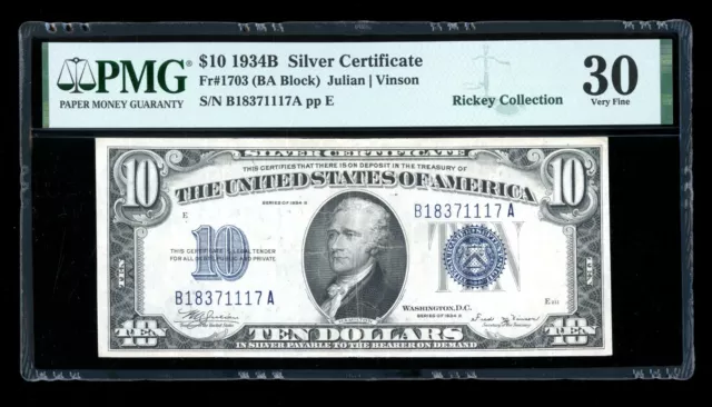 DBR 1934-B $10 Silver Vinson Fr. 1703 PMG 30 Serial B18371117A