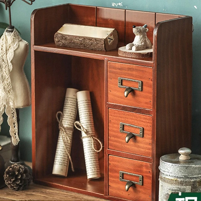 Boîte De Rangement En Bois Avec Tiroir - Organisateur Bureau 30x18.5x10.5cm, Style Vintage