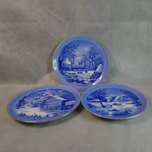 3 x Japanese Blue and White Porcelain Winter Homestead Scene Plates