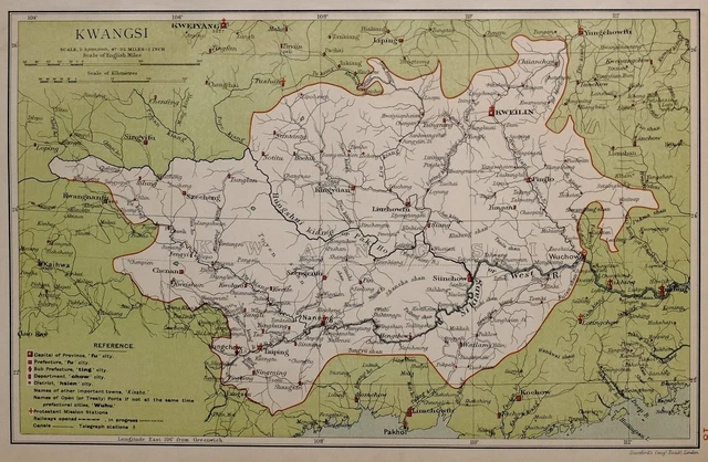 1908 RARE MAP China Province Kwangsi (Guangxi) Kweilin (Guilin) Nanning ...