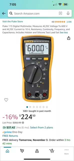 Fluke 115 Digital Multimeter, Measures AC/DC Voltage To 600 V and AC/DC Current