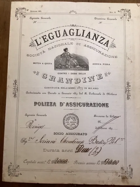 Assicurazioni Eguaglianza Milano Contratto Per Anno 1895 Più Fascicolo Attestati