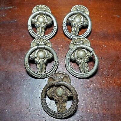 5 Vintage Ornate Silver Tone Metal Ring Bail Drawer Pulls 1 7/8" x 1 1/2"