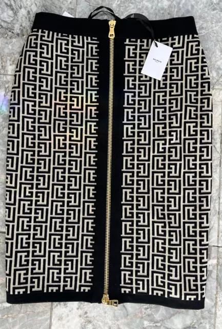 BALMAIN NWT Monogram Tan and Black Knit Skirt $1950 FR 36 US 2/4 2