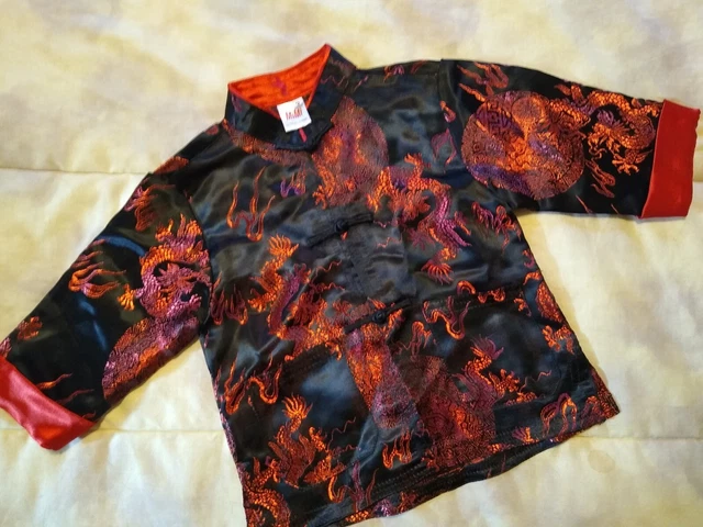 MiMi Jacket Asian Size 3 Black Red Dragon Mandarin Collar Pockets Kids