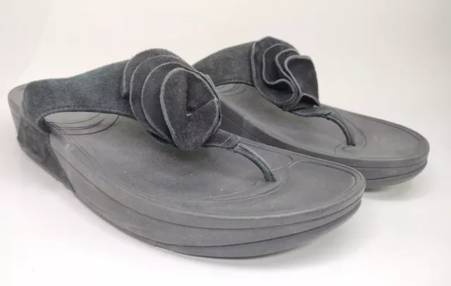 Fitflop Yoko Sandals Womens Sz 10 Black Suede Floral Toe Thong Slip On Shoes