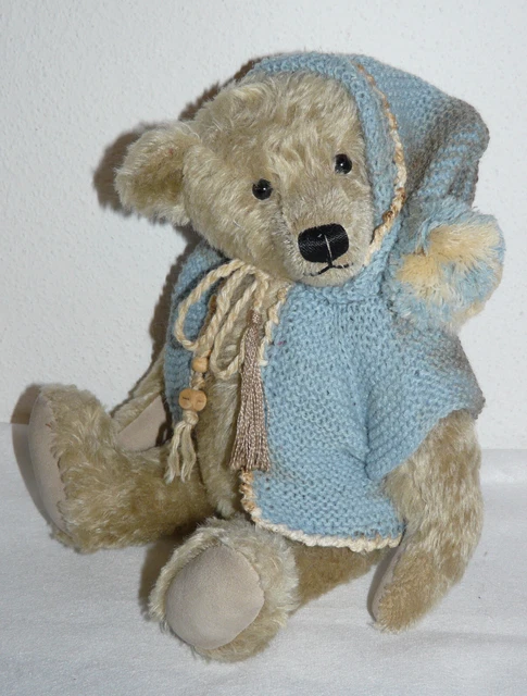 Handknitted  JACKET, hooded Jacket, blue, for collectible teddies & dolls