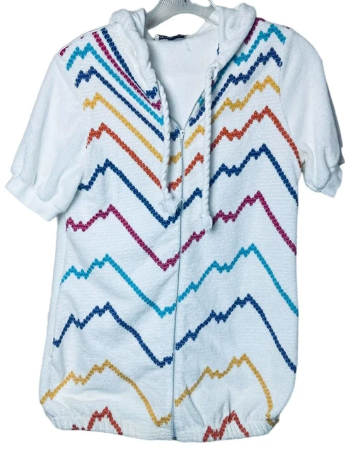 Vintage White Chevron Print Metal Zip Up Hoodie Terrycloth Swim Cover Top XS/S