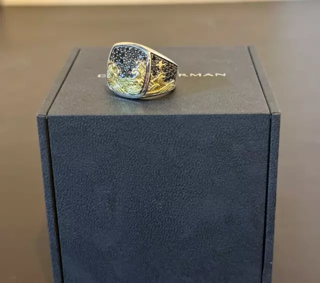 David Yurman Waves Signet Ring - Sterling Silver/Yellow Gold/Black Diamonds