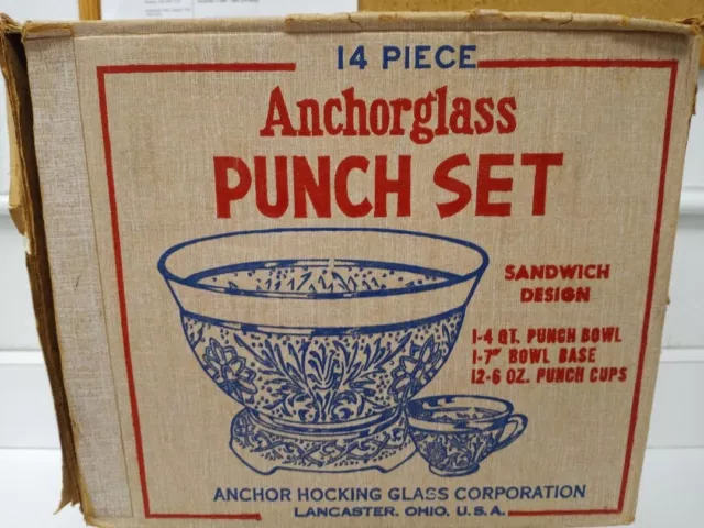 VTG-Anchor Hocking Glass Clear Sandwich Punch Bowl Set (14 pc.) Bonus Buy!!