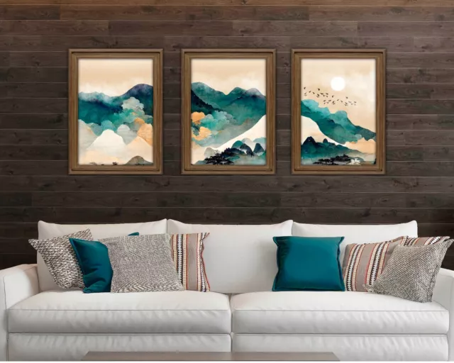 Green Turquoise, Teal & gold Abstract Print Set, Landscape Modern Wall Art WA106 2