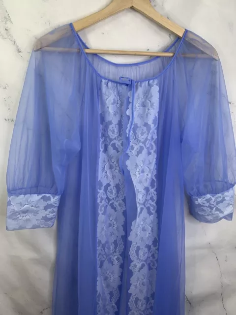 Vintage 50s Nightgown Sheer Baby Blue Duster Chiffon Lace Robe 3/4 Sleeve SZ M
