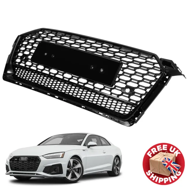 RS5 Style Gloss Black Front Grill For Audi A5 S5 2016-2020 Honeycomb Mesh Grille