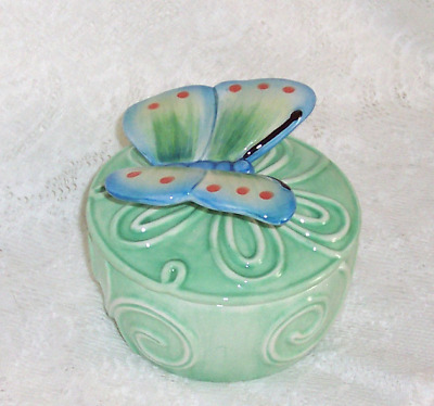 Fitz & Floyd Butterfly on Green Lidded Box, Living Color