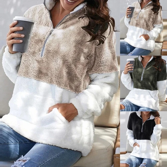 Womens Teddy Bear Fleece Sweatshirt Zip Up Fluffy High Neck Jumper Pullover Tops
