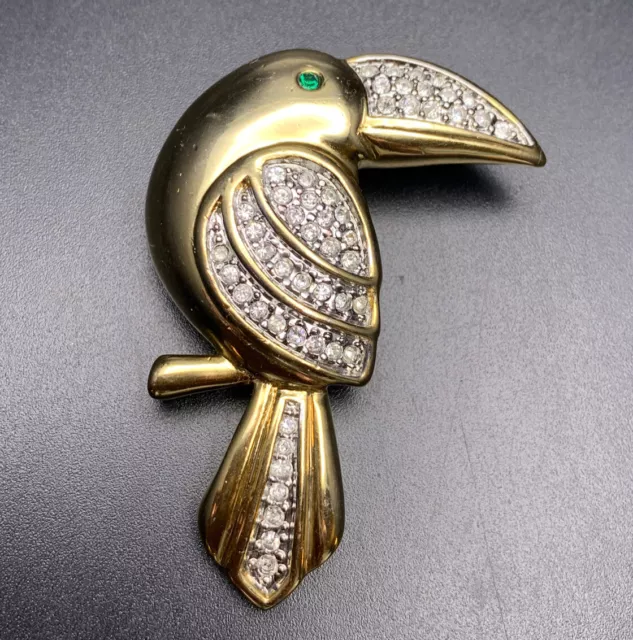 Clear Rhinestone Gold Tone Toucan Brooch Pin Vintage Tropical Bird