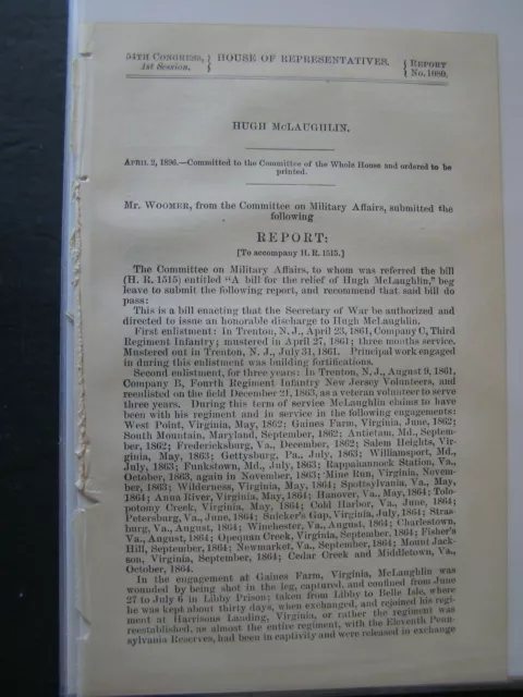 Government Report 1896 Hugh McLaughlin Honorable Discharge 3rd Reg Civil War