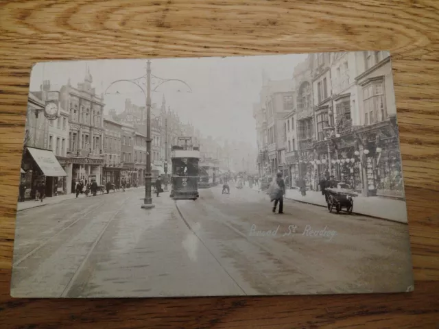 Reading - Broad Street, shops, tram - 1911 used Berkshire real photo postcard