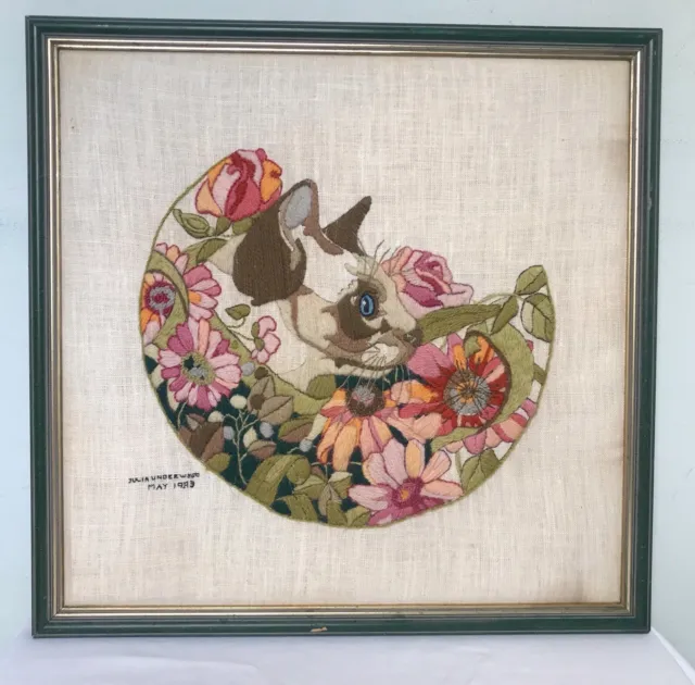 Vtg 80s Hand Embroidered Crewel Siamese Cat & Flowers by Julie Shearer Framed