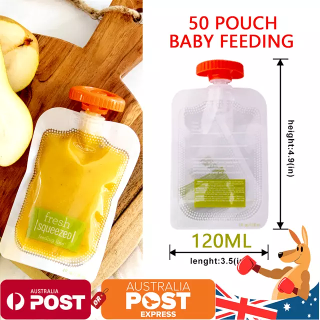 50 Kids Baby Reusable Food Pouch 120mL Pouches Safe Toddler Feeding Food OZ