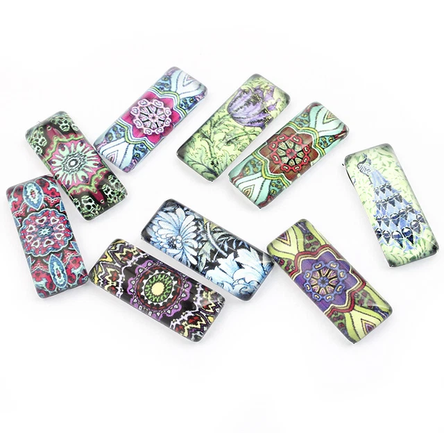 20Pcs Mixed Retro Flower 10*25mm Rectangle Glass Cabochon Beads Dome Flatback