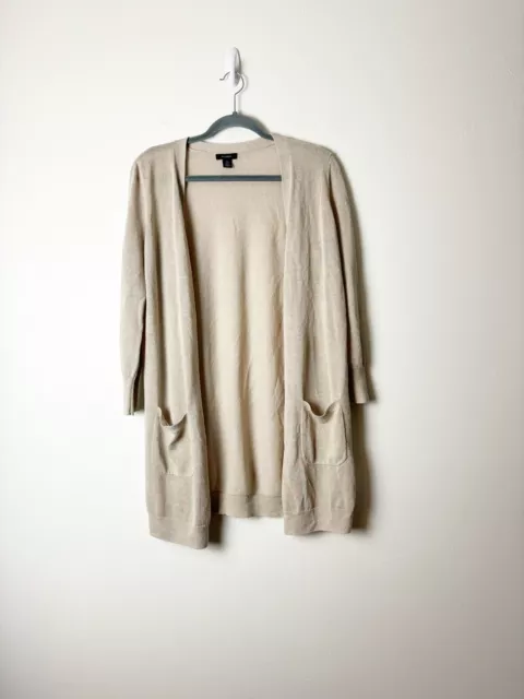 HALOGEN • Women’s Linen Blend Beige Long Lined Pocket Cardigan Sweater Size MP