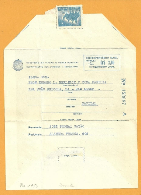 LETTRE PLIÉE LOCALE du Brésil 1953 avec illustration Père Noël EUR 58