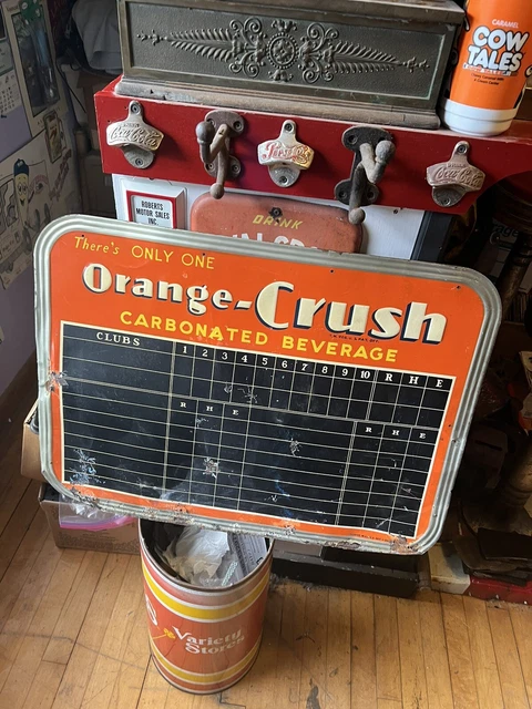 Vintage Rare Original Orange Crush Soda Baseball Clubs Menu Sign Metal 1939 USA