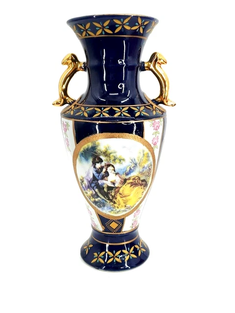 Venetian Lagoon Fine Porcelain Vase Vintage French Limoges Blue Gold Handle 10"