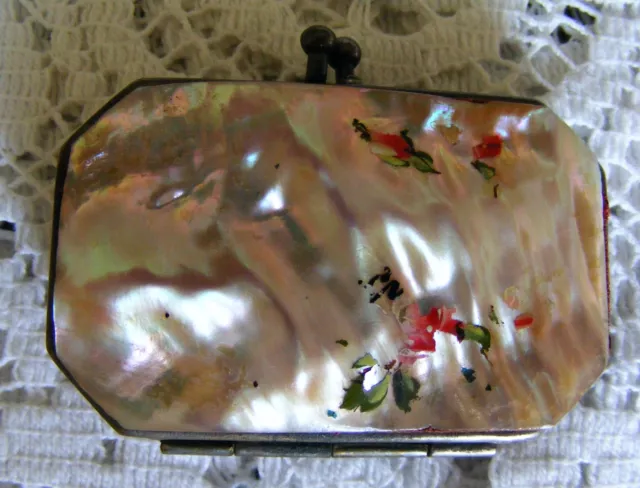 Mother  Of  Pearl  Iridescent  Miniature  Coin  Purse  c1920  With  Red Interior