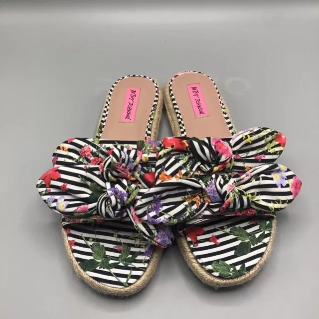 Betsey Johnson Sandals Womens Rue Slide White Stripe Floral Espadrille Flat 8.5M