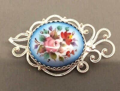 Russian Enamel Rostov Vintage Style Finift Brooch hand painted. Blue floral