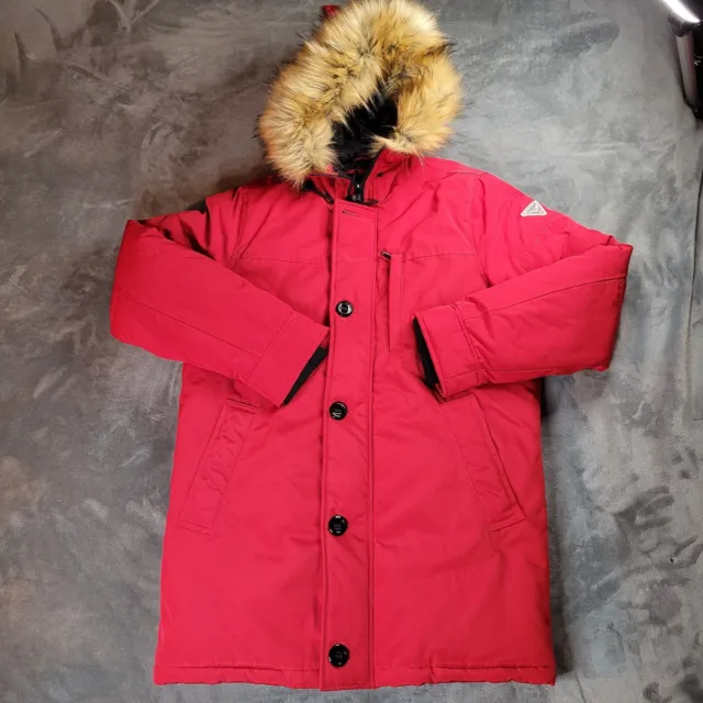 GUESS Womens Faux Fur Trim Hooded Parka Winter Coat Small - Medium Red EUC Zip