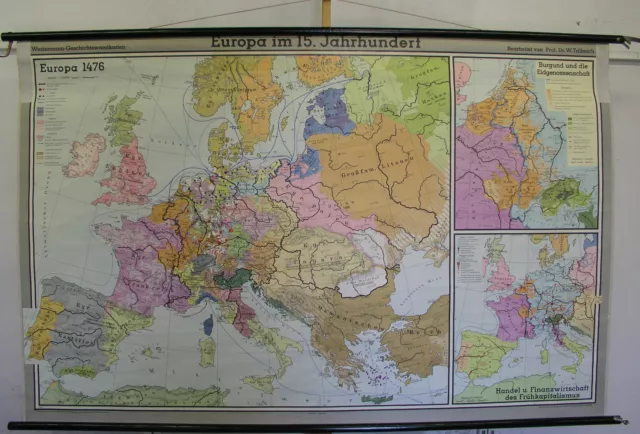 School Wall Map Chart Roll Card Europa 15.Jh Century 206x132