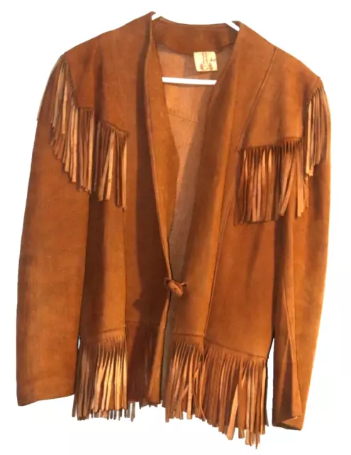 Vintage BROWN BUCKSKIN LEATHER FRINGE jacket hippie boho festival biker size 16