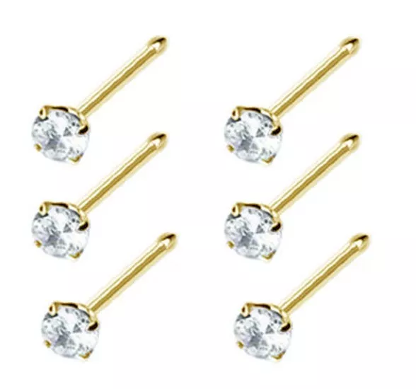 6 pcs 14k Gold Plated Prong Nose Stud Cubic-Zirconia 1.5mm Gem Ball Ended 22G