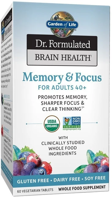 Dr. Memoria y enfoque orgánicos formulados para la salud cerebral para adultos mayores de 40 años, 60 tabletas