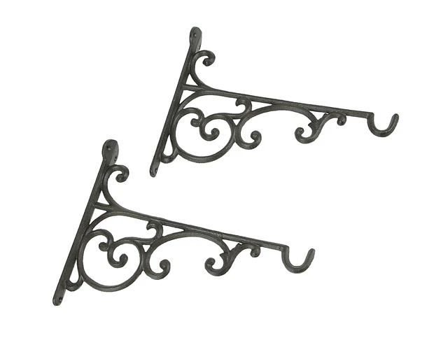 Set of 2 Rustic Brown Cast Iron Scroll Wall Shelf Brackets Plant Hangers