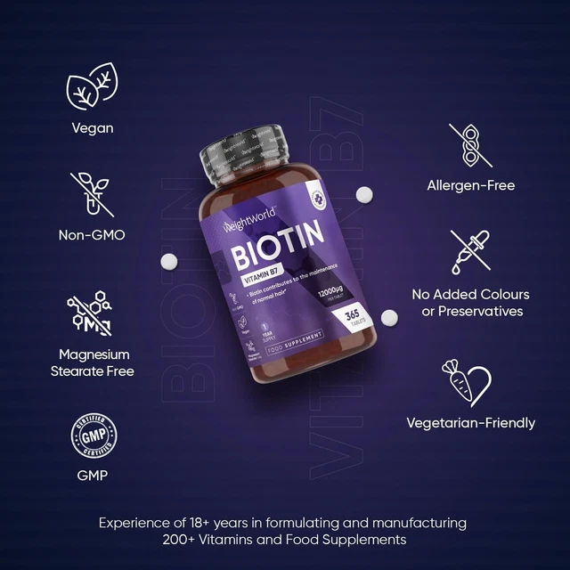 BIOTIN HAIR GROWTH Supplement 12000mcg 365 Vegan Tablets 1Y Supply Skin