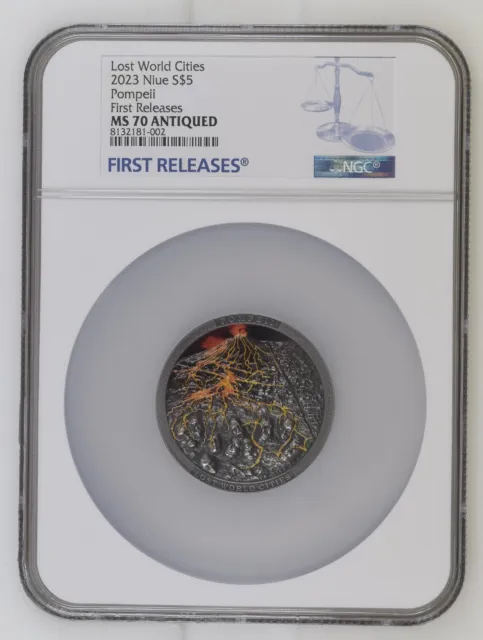 Pompeii Lost World Cities 2023 $5 2 oz Silver HR Coin Niue  NGC MS70 FR