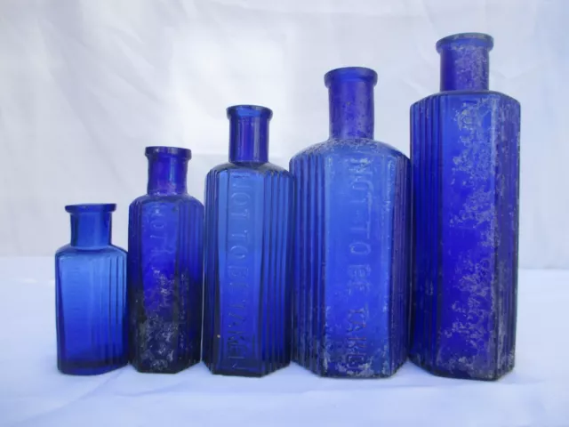 Stunning Set Of Cobalt Blue Vintage Antique Old Poison Bottles Chemist Medicine 3