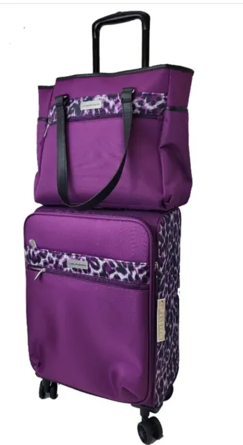 Samantha Brown 22" Spinner with Satchel 2-piece Luggage Set~ Purple Leopard