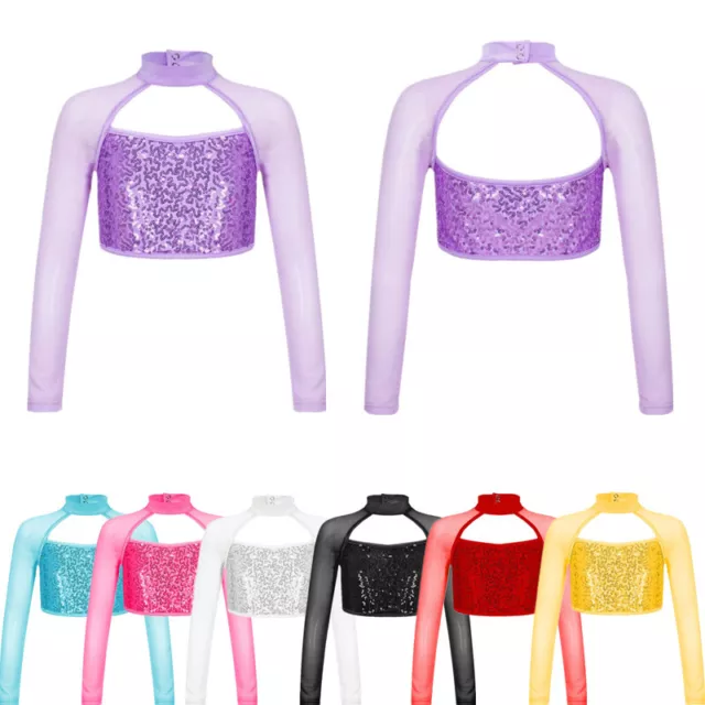 UK Kids Girls Shiny Hip Hop Dance Crop Top Jazz Performance Sequins T-Shirt Vest 2