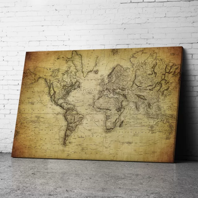 Large Framed Vintage Old Map Of World Canvas Prints Wall Art